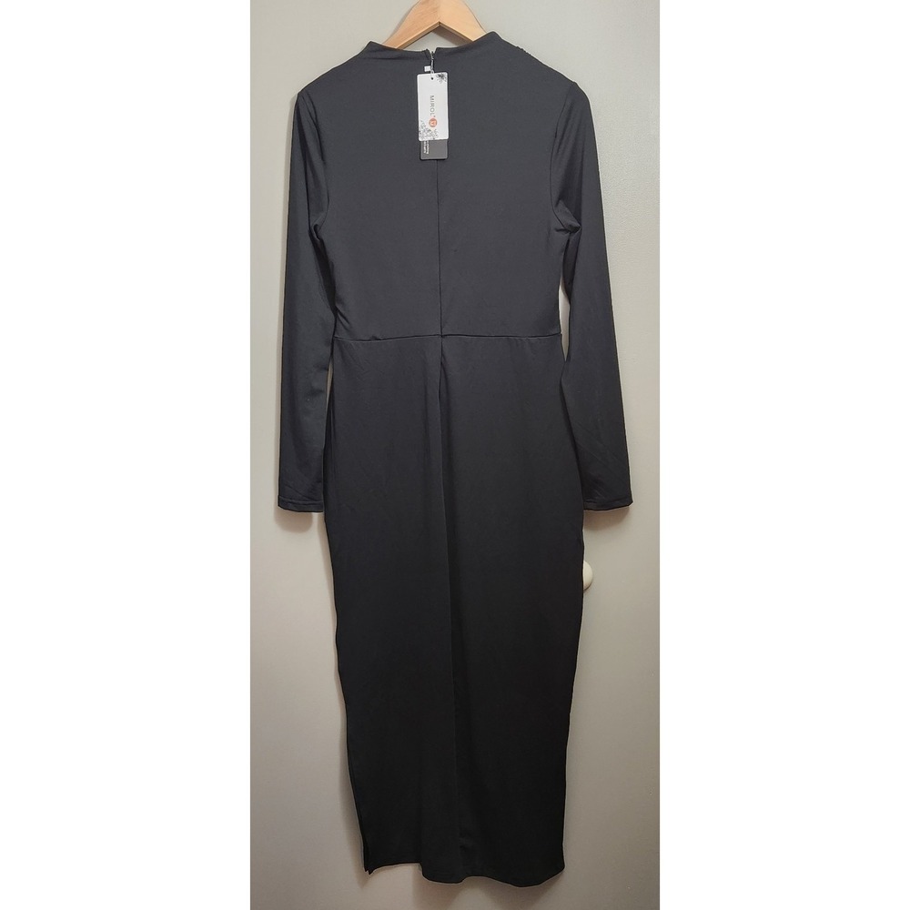 MIROL Women's MEDIUM long sleeve black Maxi dress Mock Neck Slit Business Casual - Picture 3 of 6